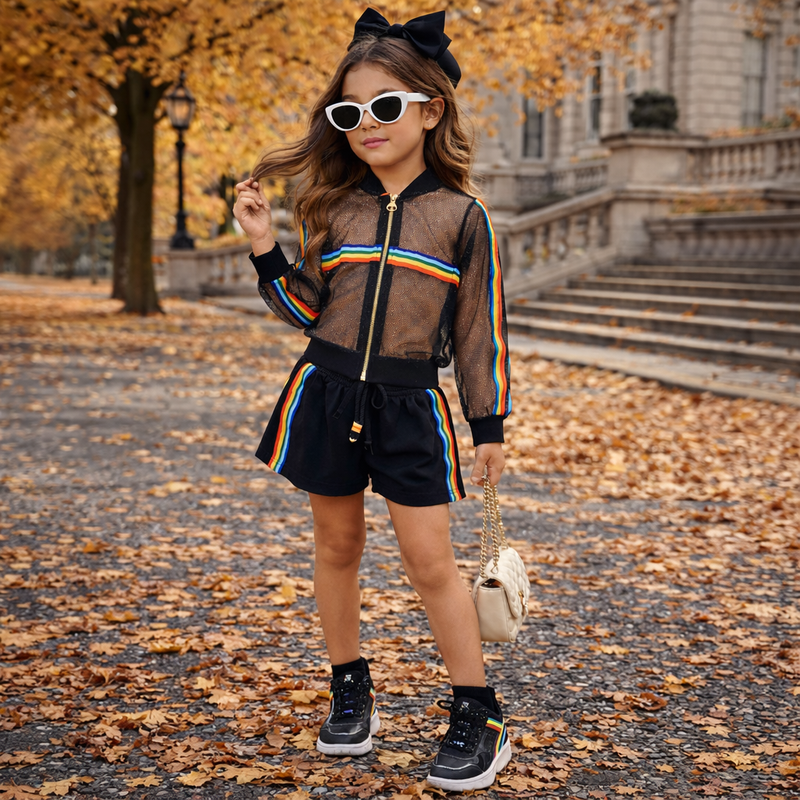 Conjunto Bambina Royale Rainbow — Bomber de Tule + Short (2 Peças)